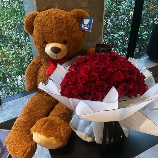 Crimson Spark – LF 100 Stem Red Rose Bouquet With Glitter & Teddy Bear